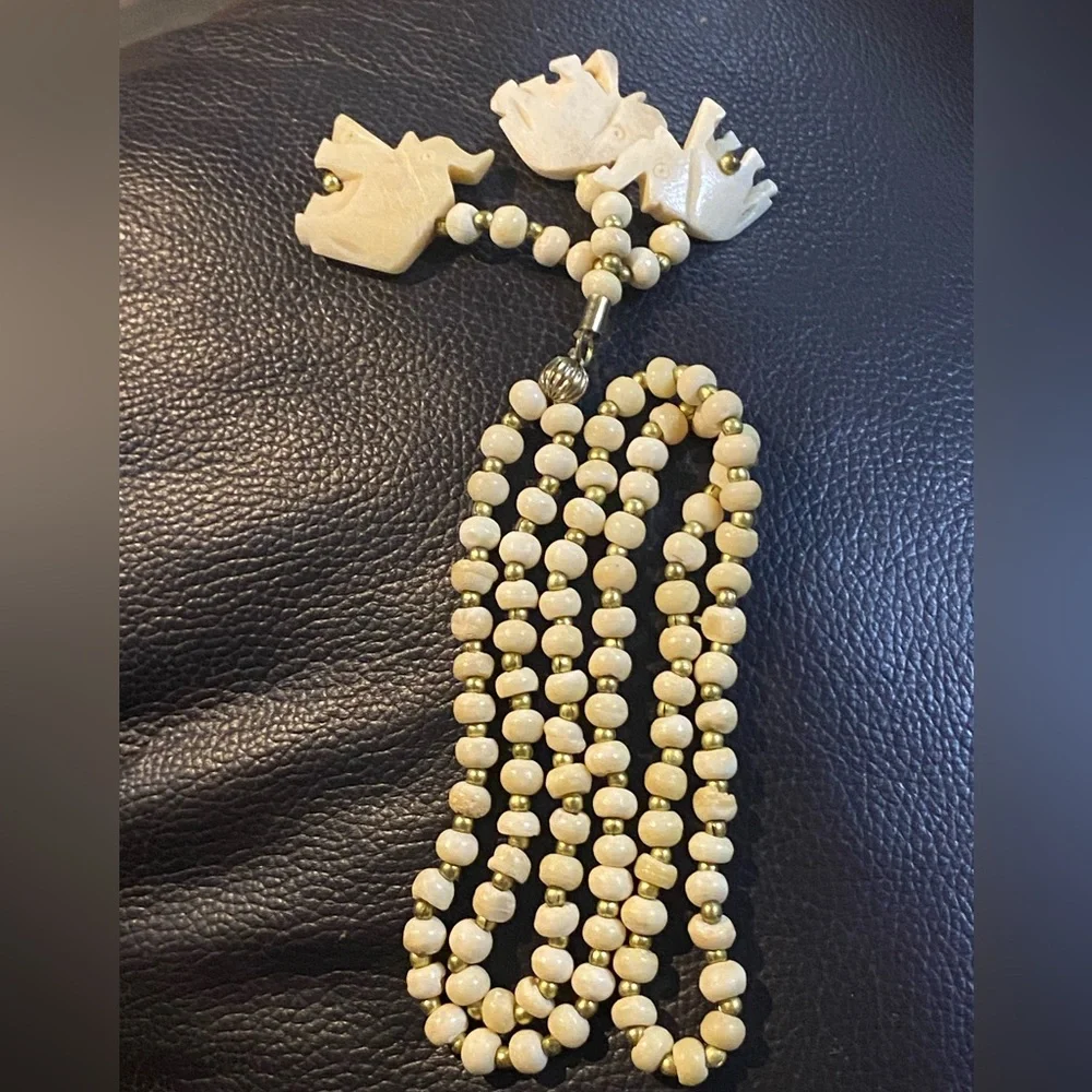 Vintage Carved Bone Cream Beaded Necklace with 3 Elephant Pendants Good Luck